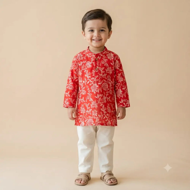 Bhaakur Organic Cotton Floral Kurta Set For Boys - Red