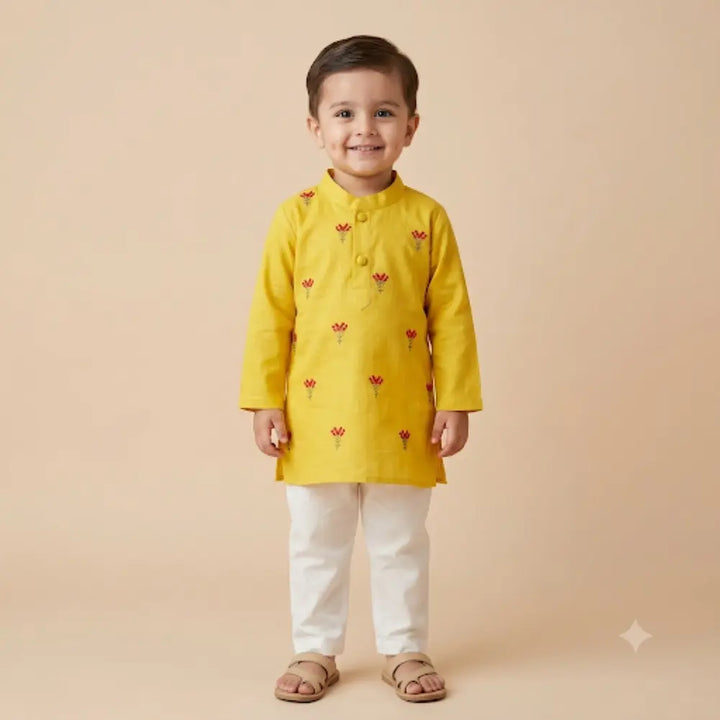 Bhaakur Organic Cotton Floral Sunshine Kurta Set For Boys - Yellow