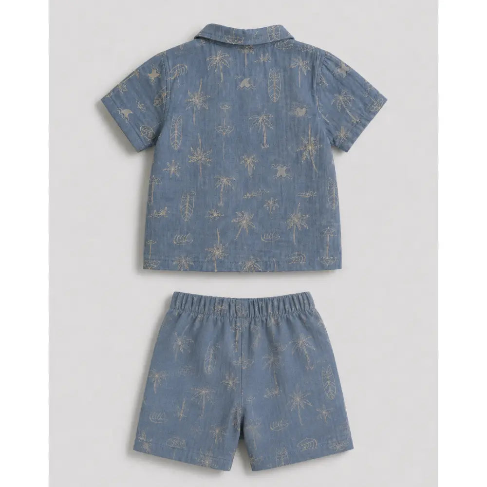 Pattuti Sustainable Double Gauge Cotton Beach Print Shirt, Shorts &amp; Hat - Dusty Blue