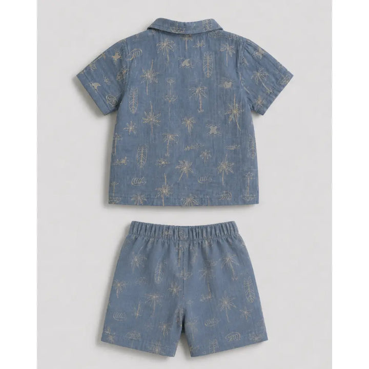 Pattuti Sustainable Double Gauge Cotton Beach Print Shirt, Shorts &amp; Hat - Dusty Blue