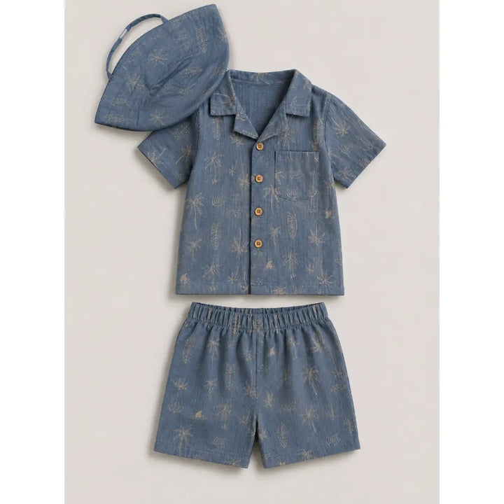 Pattuti Sustainable Double Gauge Cotton Beach Print Shirt, Shorts &amp; Hat - Dusty Blue