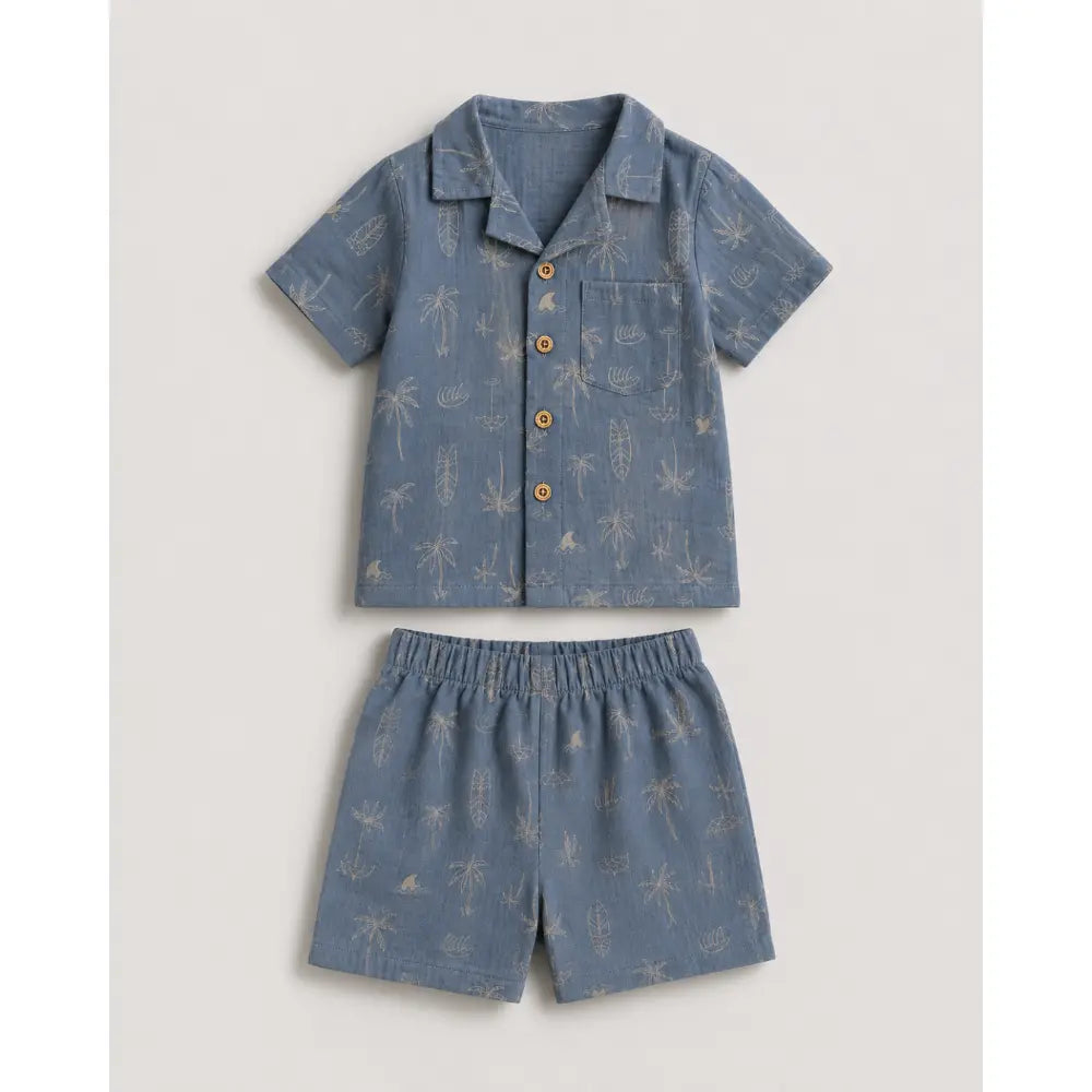 Pattuti Sustainable Double Gauge Cotton Beach Print Shirt, Shorts &amp; Hat - Dusty Blue