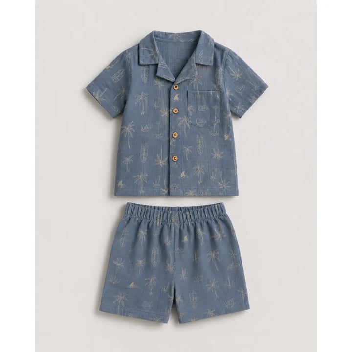Pattuti Sustainable Double Gauge Cotton Beach Print Shirt, Shorts &amp; Hat - Dusty Blue