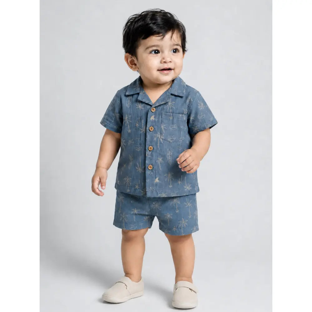 Pattuti Sustainable Double Gauge Cotton Beach Print Shirt, Shorts &amp; Hat - Dusty Blue