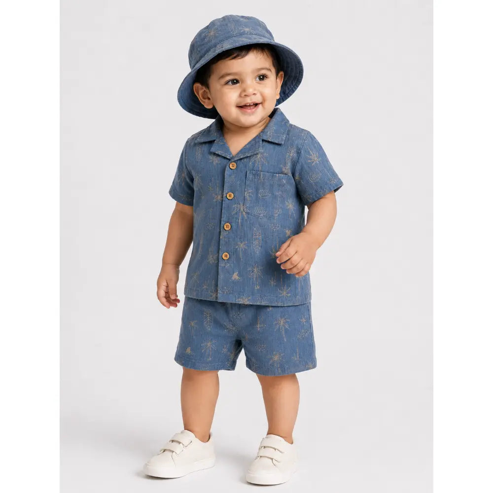 Pattuti Sustainable Double Gauge Cotton Beach Print Shirt, Shorts &amp; Hat - Dusty Blue