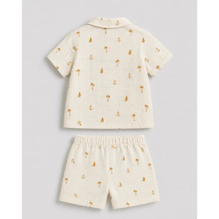 Pattuti Sustainable Double Gauge Cotton Coconut Tree Print Shirt, Shorts &amp; Hat - Off White