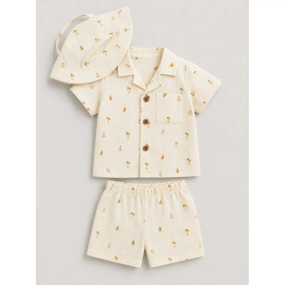 Pattuti Sustainable Double Gauge Cotton Coconut Tree Print Shirt, Shorts &amp; Hat - Off White