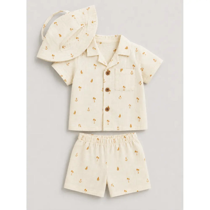 Pattuti Sustainable Double Gauge Cotton Coconut Tree Print Shirt, Shorts &amp; Hat - Off White