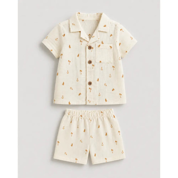 Pattuti Sustainable Double Gauge Cotton Coconut Tree Print Shirt, Shorts &amp; Hat - Off White
