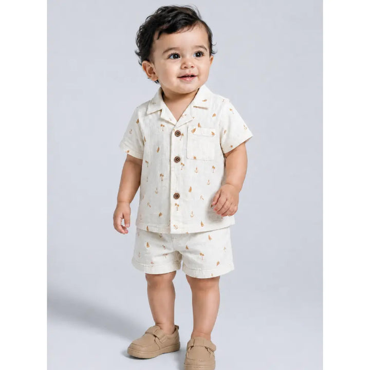 Pattuti Sustainable Double Gauge Cotton Coconut Tree Print Shirt, Shorts &amp; Hat - Off White
