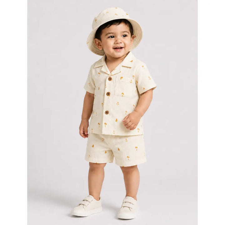 Pattuti Sustainable Double Gauge Cotton Coconut Tree Print Shirt, Shorts &amp; Hat - Off White