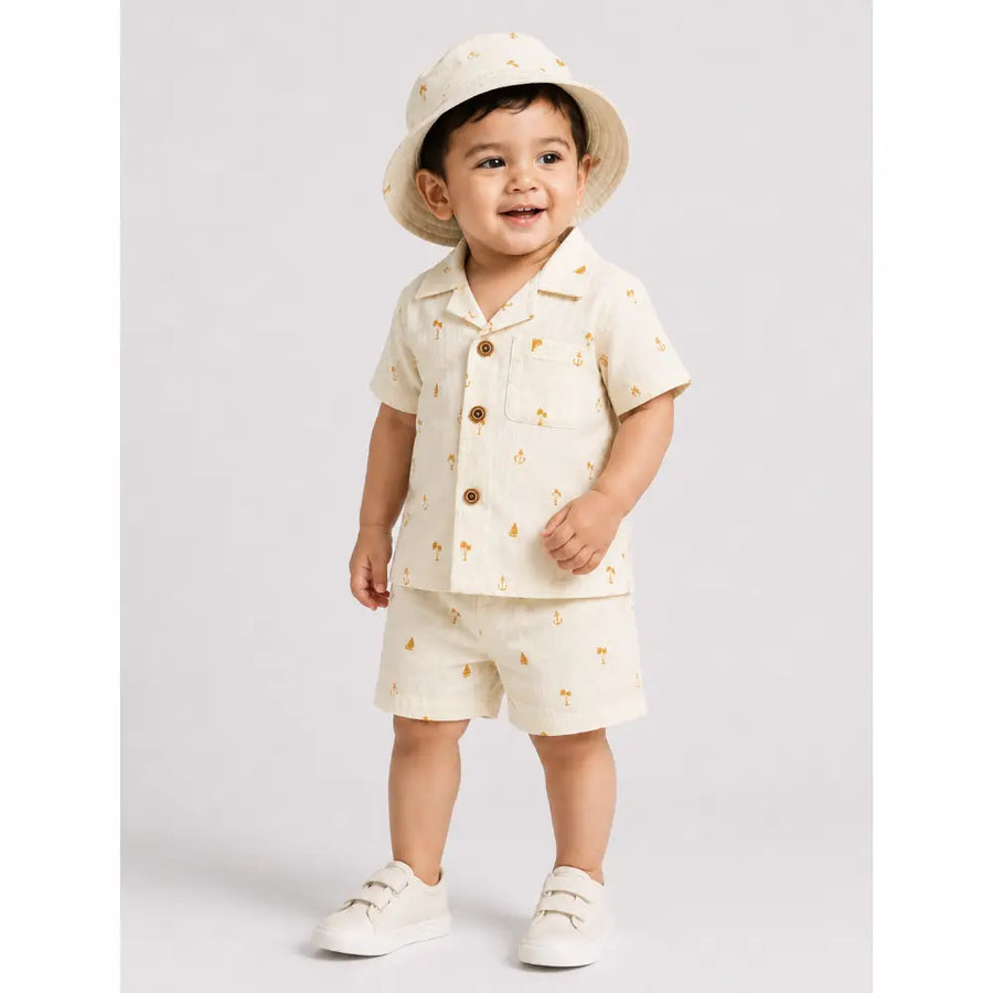 Pattuti Sustainable Double Gauge Cotton Coconut Tree Print Shirt, Shorts & Hat - Off White