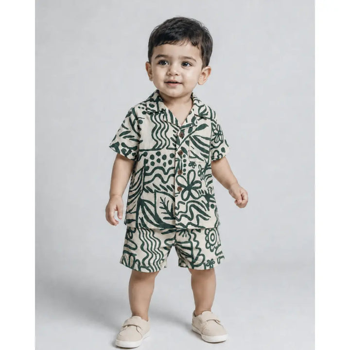 Pattuti Sustainable Double Gauge Safari Print Shirt, Shorts &amp; Hat - Green