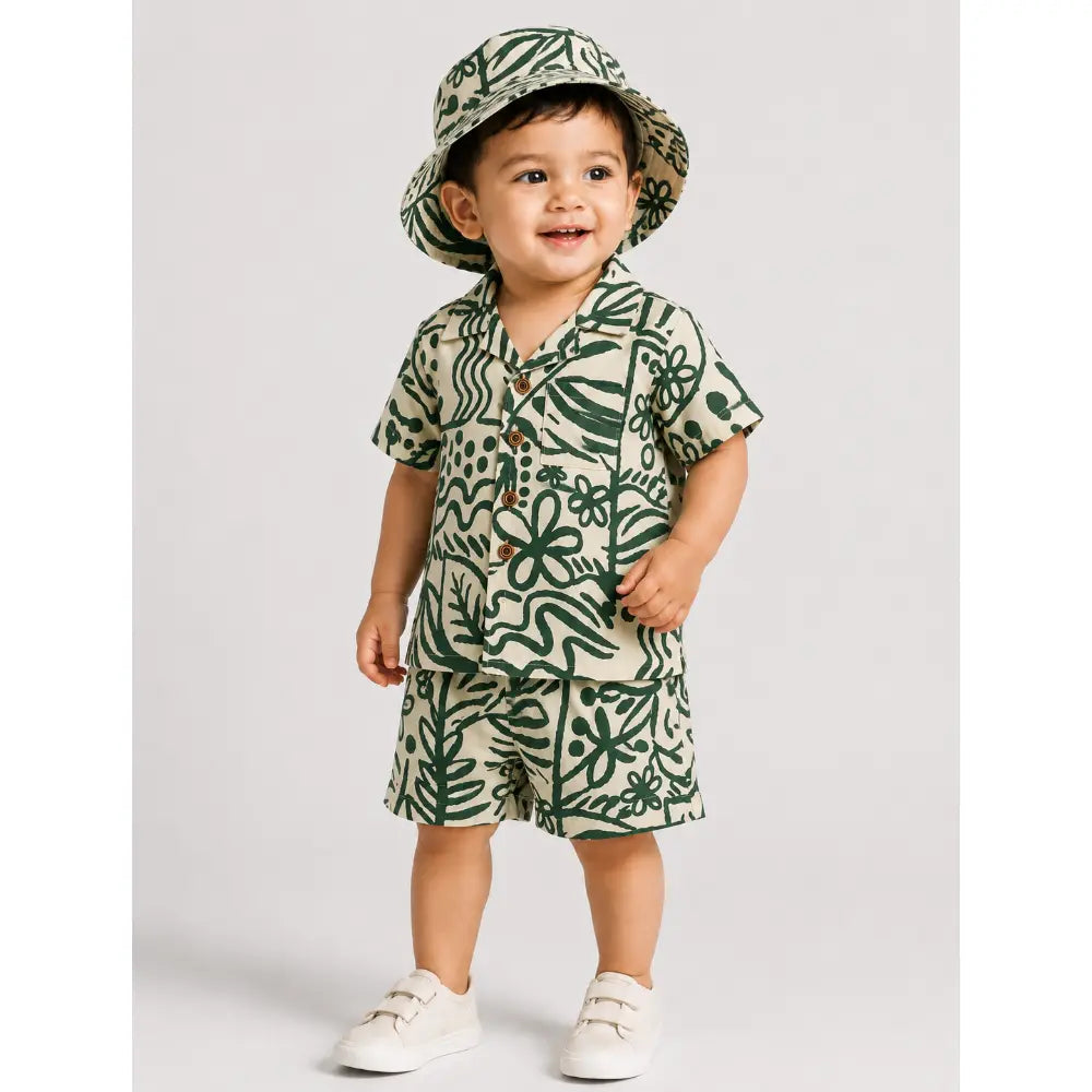 Pattuti Sustainable Double Gauge Safari Print Shirt, Shorts &amp; Hat - Green