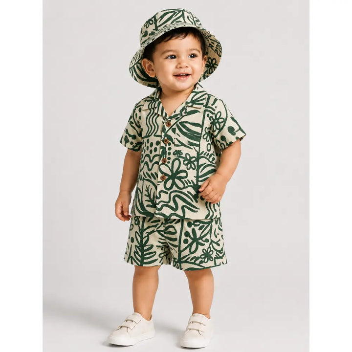 Pattuti Sustainable Double Gauge Safari Print Shirt, Shorts &amp; Hat - Green