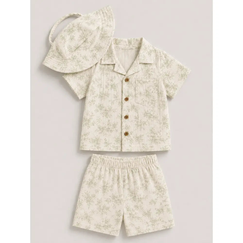 Pattuti Sustainable Double Gauge Cotton Leaf Print Shirt, Shorts &amp; Hat - Mint