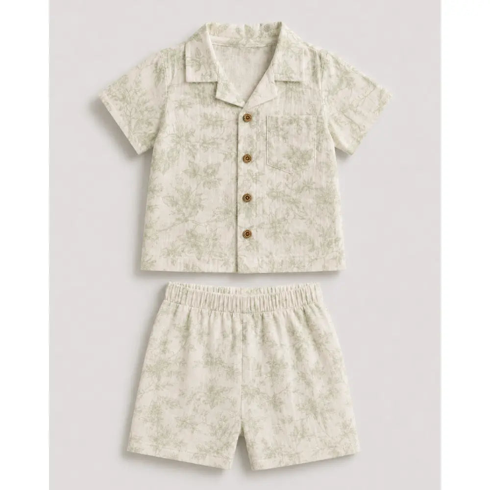 Pattuti Sustainable Double Gauge Cotton Leaf Print Shirt, Shorts &amp; Hat - Mint