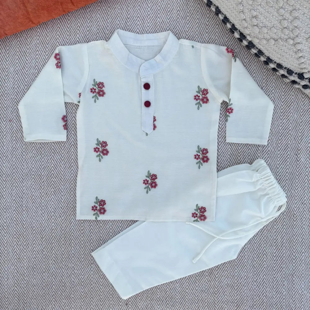 Bhaakur Chanderi Floral Embroidered Kurta Set For Boys - White