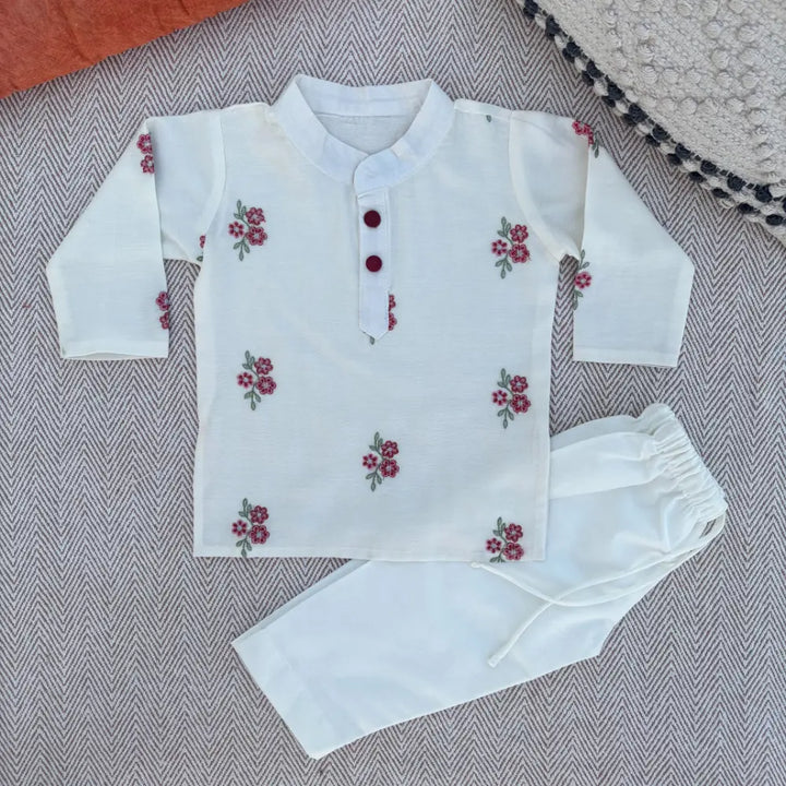 Bhaakur Chanderi Floral Embroidered Kurta Set For Boys - White