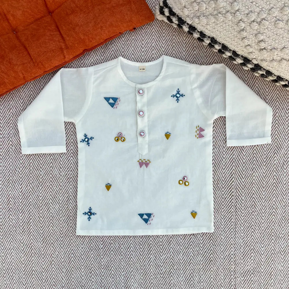Bhaakur Organic Cotton Mirror Work Kurta Set For Boys - White