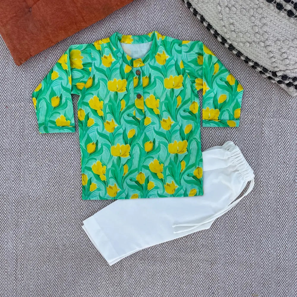 Bhaakur Organic Cotton Floral Kurta Set For Boys - Green