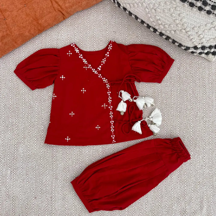 Bhaakur  Cotton Embroidered Angrakha Set For Girls - Red