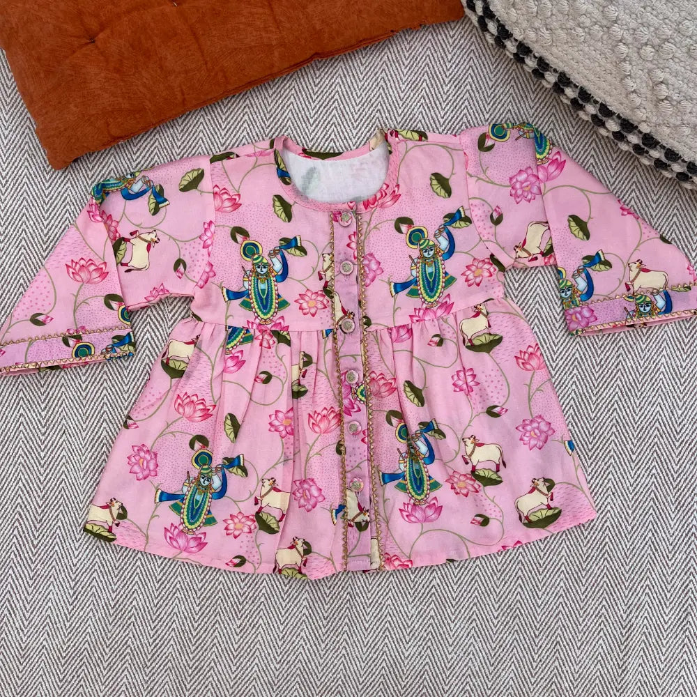 Bhaakur Chanderi Pichwai Print Kurta Set for Girls