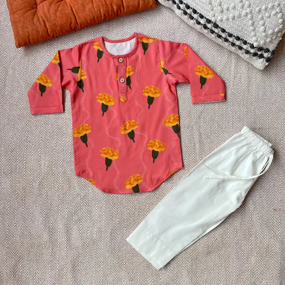 Bhaakur Organic Cotton Marigold Unisex Pink kurta Set