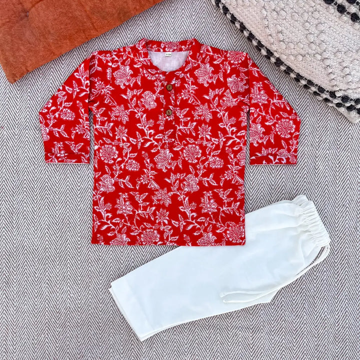 Bhaakur Organic Cotton Floral Kurta Set For Boys - Red