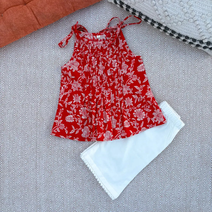 Bhaakur Organic Cotton Floral Tie-Up Co-ord Set For Girls - Red
