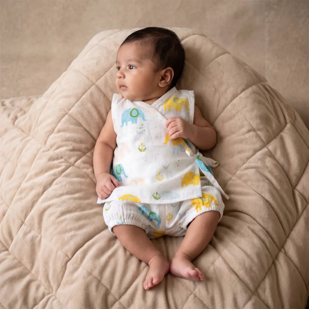 PureCloth.Co Yellow Floral Elephant Muslin Jablas - Off-White