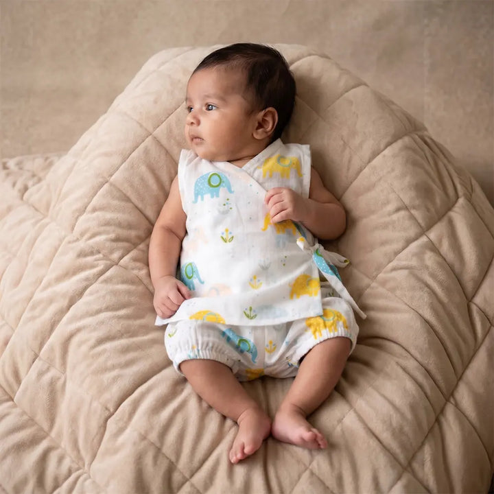 PureCloth.Co Yellow Floral Elephant Muslin Jablas - Off-White