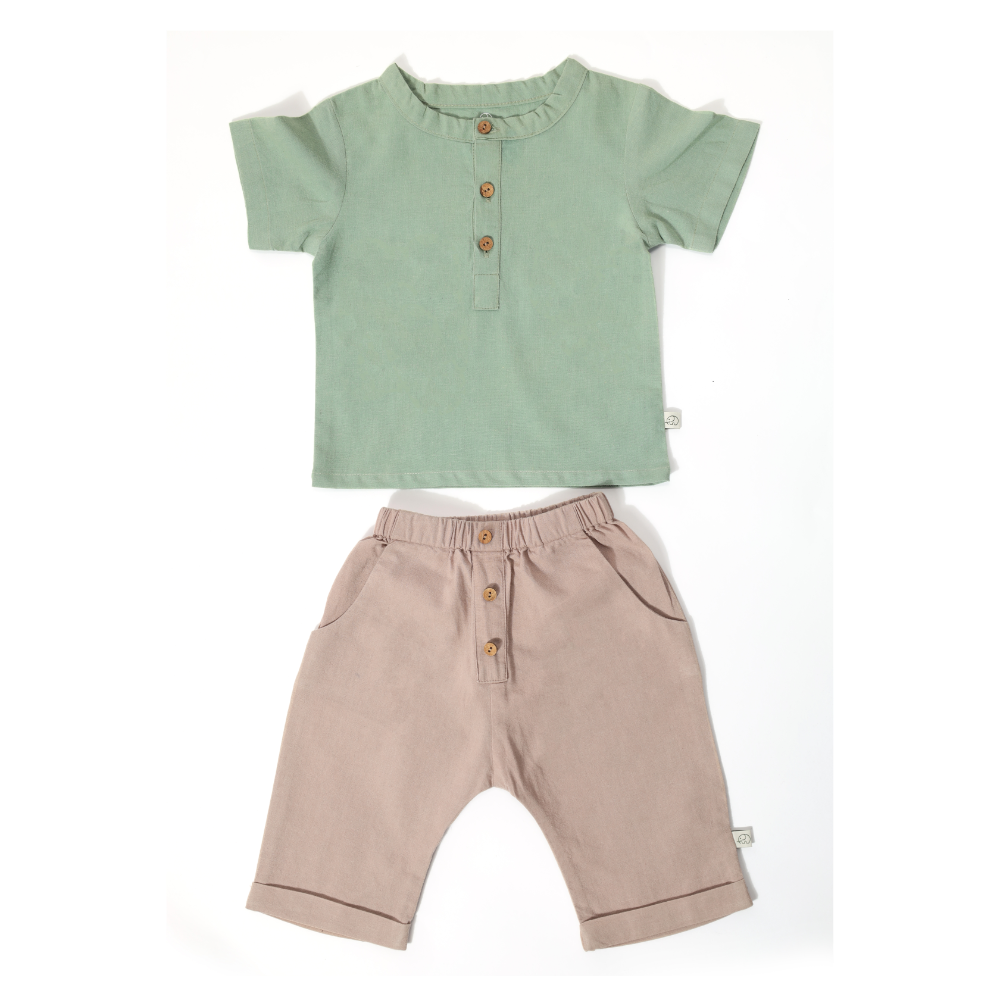 Furr Balls Shirt & Pant Set - Tan and Mineral Green