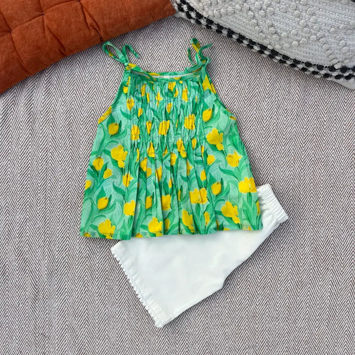 Bhaakur Organic Cotton Floral Tie-Up Co-ord Set For Girls - Green