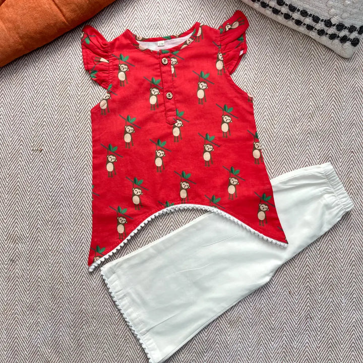 Bhaakur Organic Cotton Monkey Kurta Set for Girls