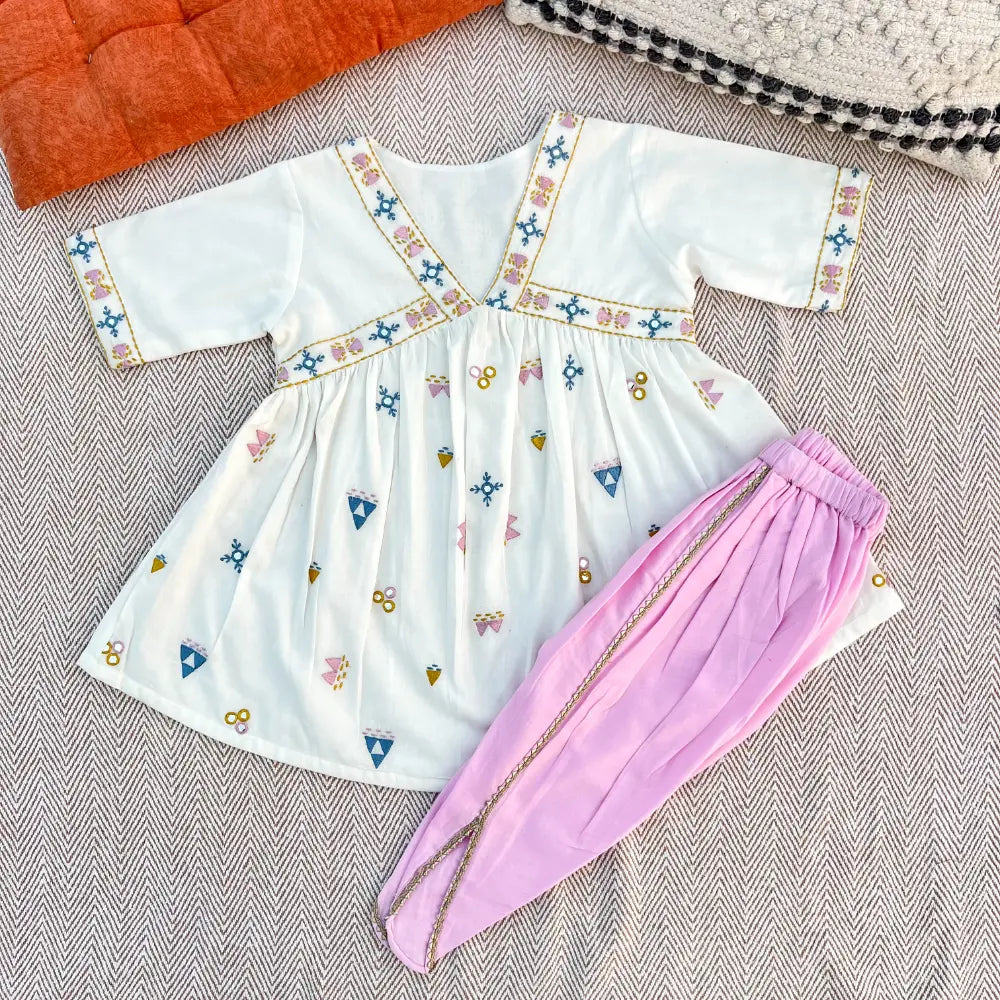 Bhaakur Organic Cotton Mirror Work Kurta Set For Girls - White