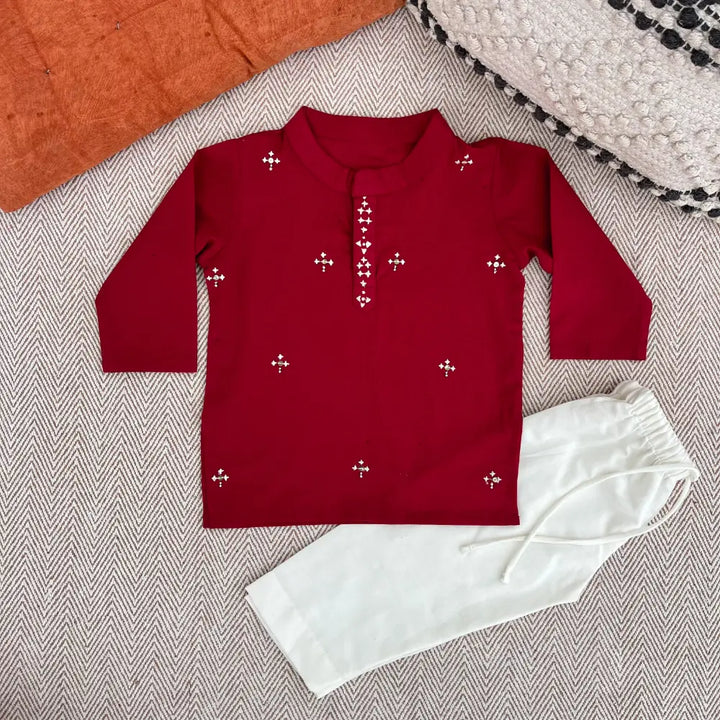 Bhaakur  Cotton Embroidered Kurta Set For Boys - Red
