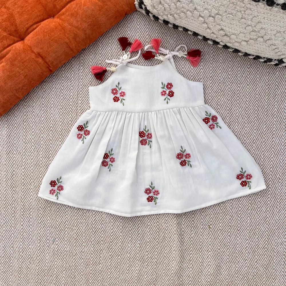 Bhaakur Chanderi Floral Embroidered Tie-Up Dress For Girls - White