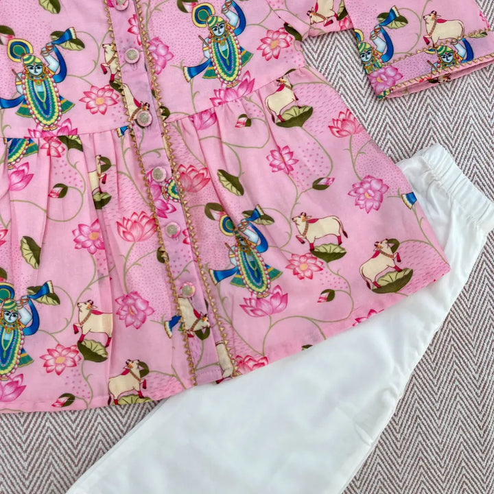 Bhaakur Chanderi Pichwai Print Kurta Set for Girls