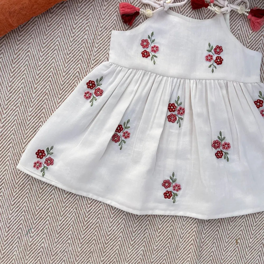Bhaakur Chanderi Floral Embroidered Tie-Up Dress For Girls - White