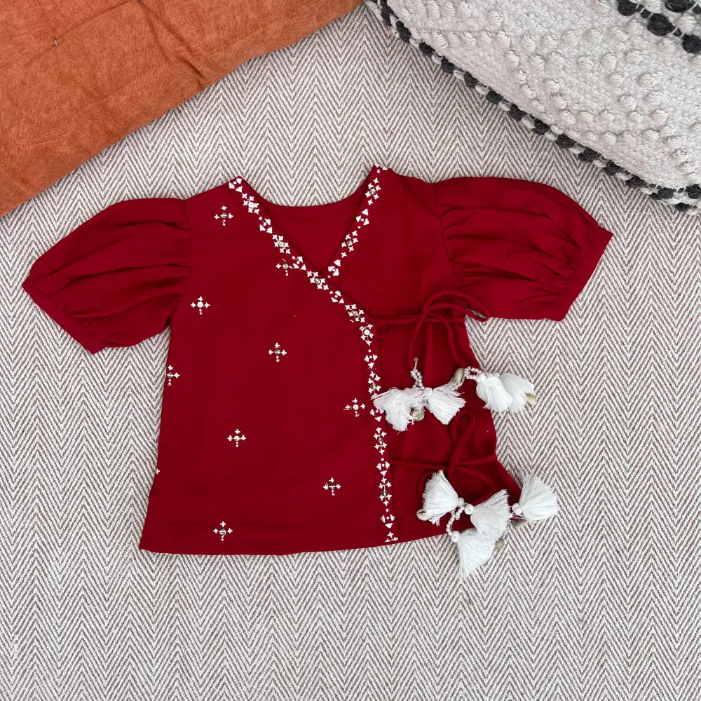 Bhaakur  Cotton Embroidered Angrakha Set For Girls - Red