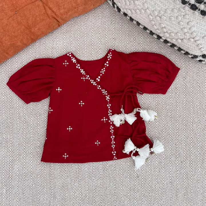 Bhaakur  Cotton Embroidered Angrakha Set For Girls - Red
