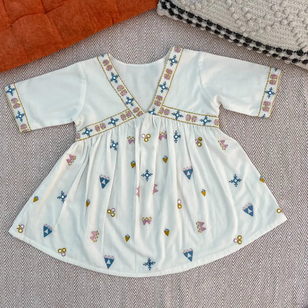Bhaakur Organic Cotton Mirror Work Kurta Set For Girls - White