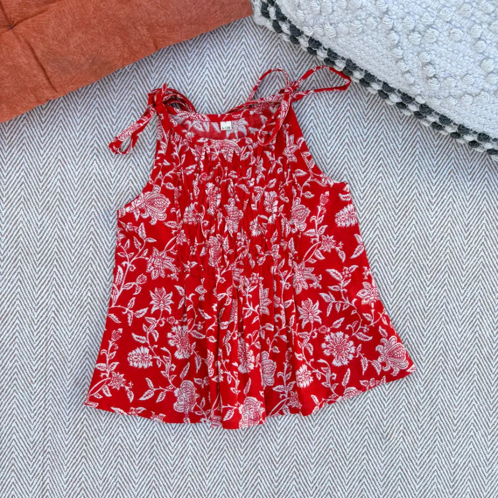 Bhaakur Organic Cotton Floral Tie-Up Co-ord Set For Girls - Red