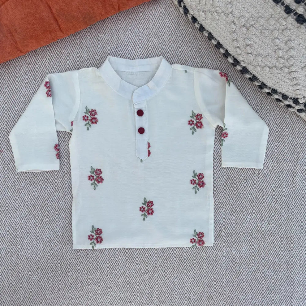 Bhaakur Chanderi Floral Embroidered Kurta Set For Boys - White