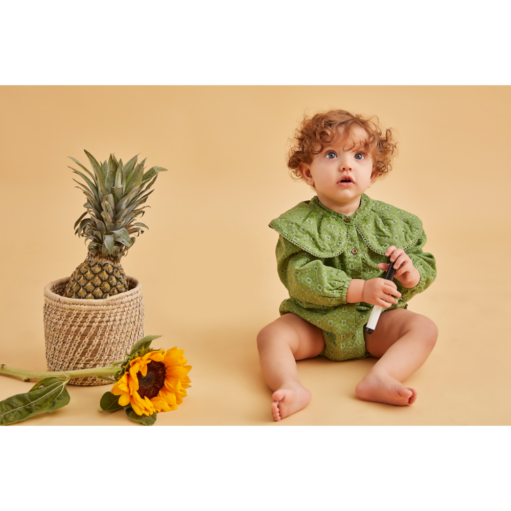 Furr Balls Peter Pan Collared Romper - Mineral Green