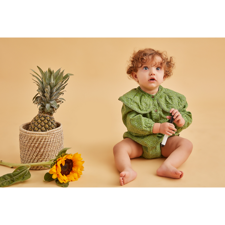 Furr Balls Peter Pan Collared Romper - Mineral Green