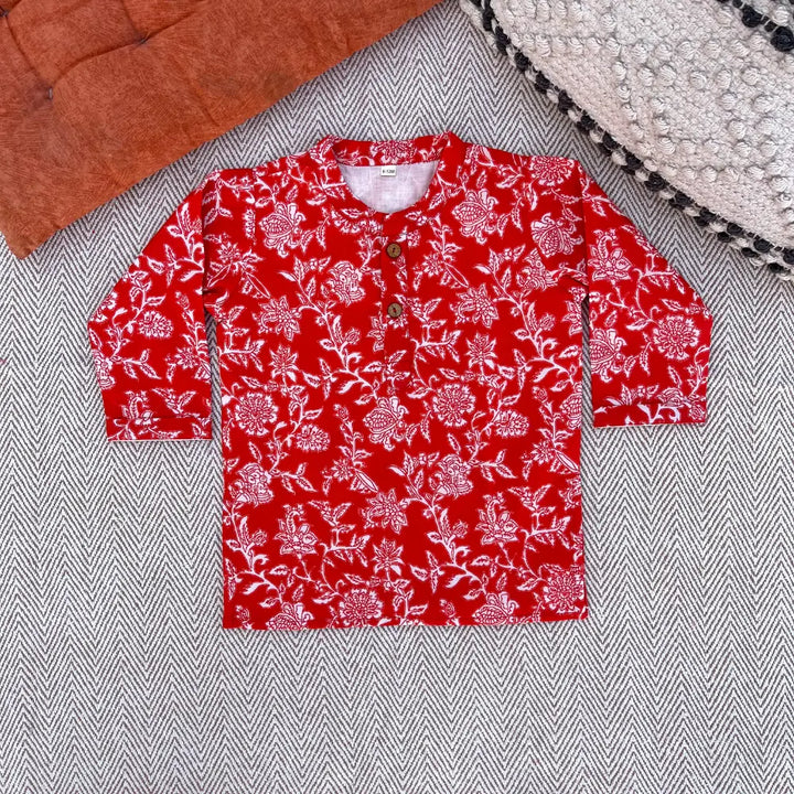 Bhaakur Organic Cotton Floral Kurta Set For Boys - Red