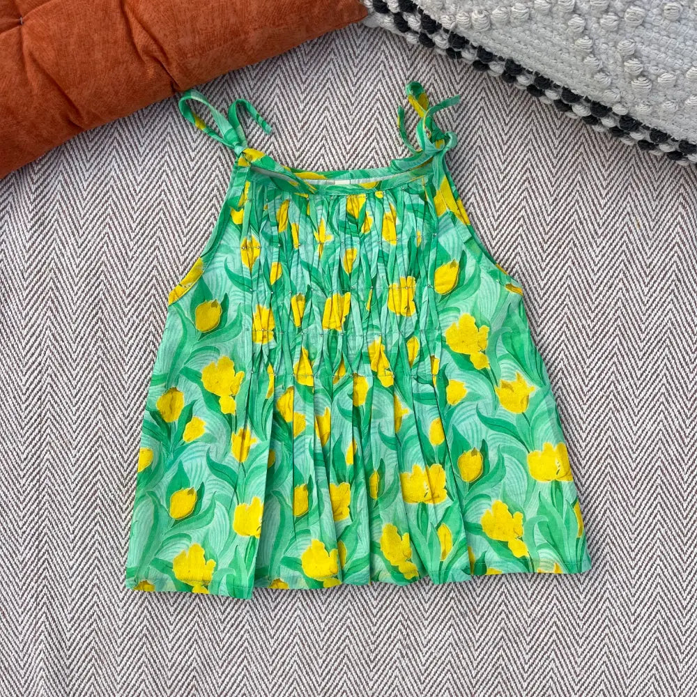 Bhaakur Organic Cotton Floral Tie-Up Co-ord Set For Girls - Green