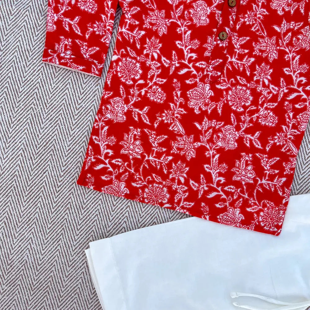 Bhaakur Organic Cotton Floral Kurta Set For Boys - Red